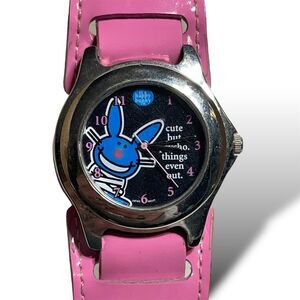 It's Happy Bunny Unisex Kids LCD Watch Pink Leather Strap White Dial Casual